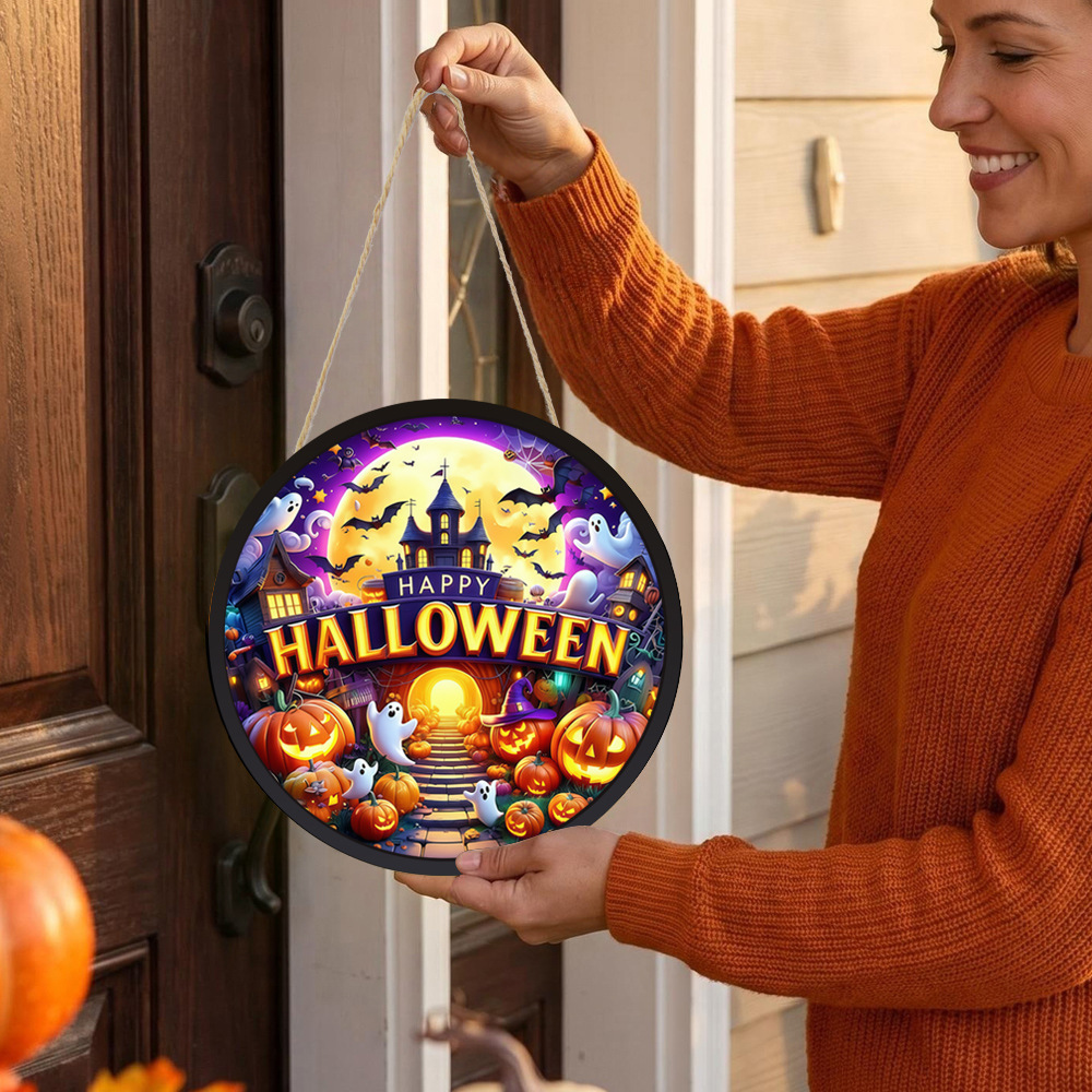 Home Decor Lighting Tricks - Round Glowing Halloween Hanging Sign LED