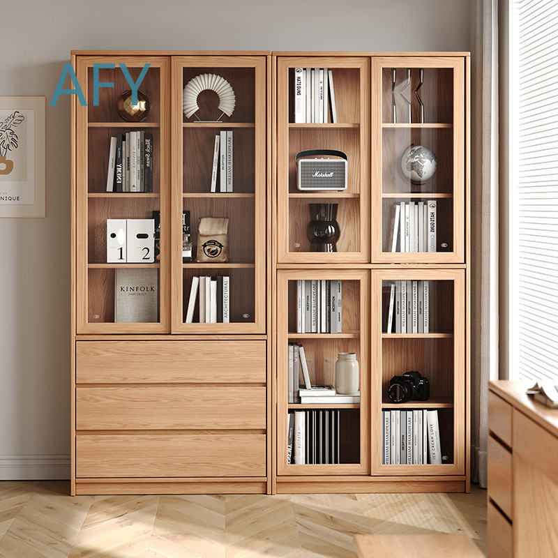 Solid Oak Bookcase with Slidin - Muji Home Storage ulasan dan harga